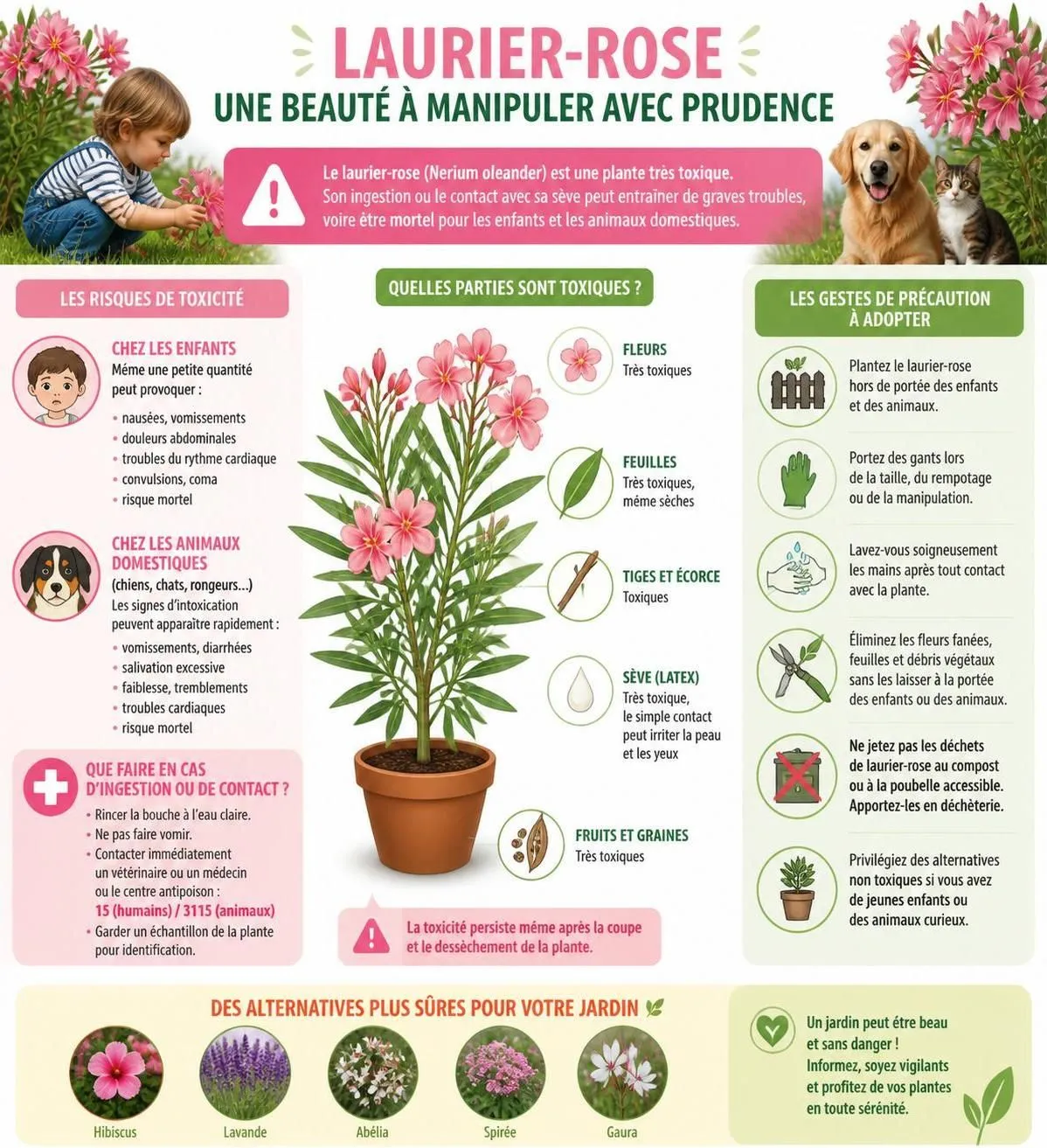 découvrez les dangers du laurier-rose, une plante magnifique mais toxique. apprenez à reconnaître les symptômes d'intoxication et les gestes à adopter en cas d'ingestion.
