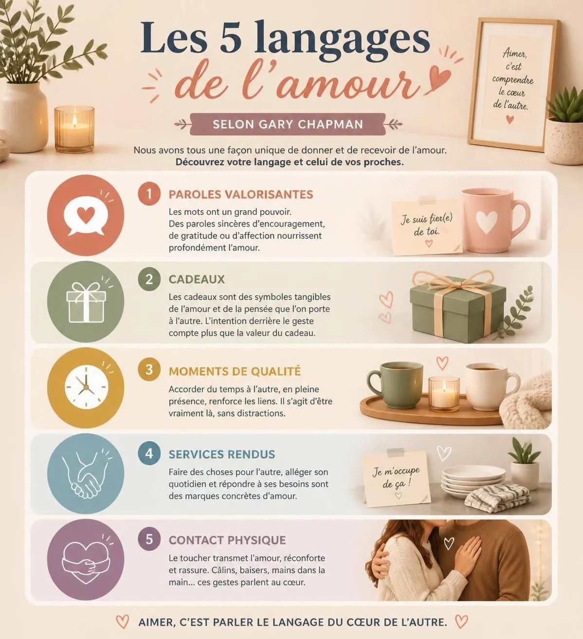 découvrez les 5 langages de l'amour selon gary chapman et apprenez à identifier celui qui correspond le mieux à votre manière d'exprimer et de recevoir l'amour pour renforcer vos relations.