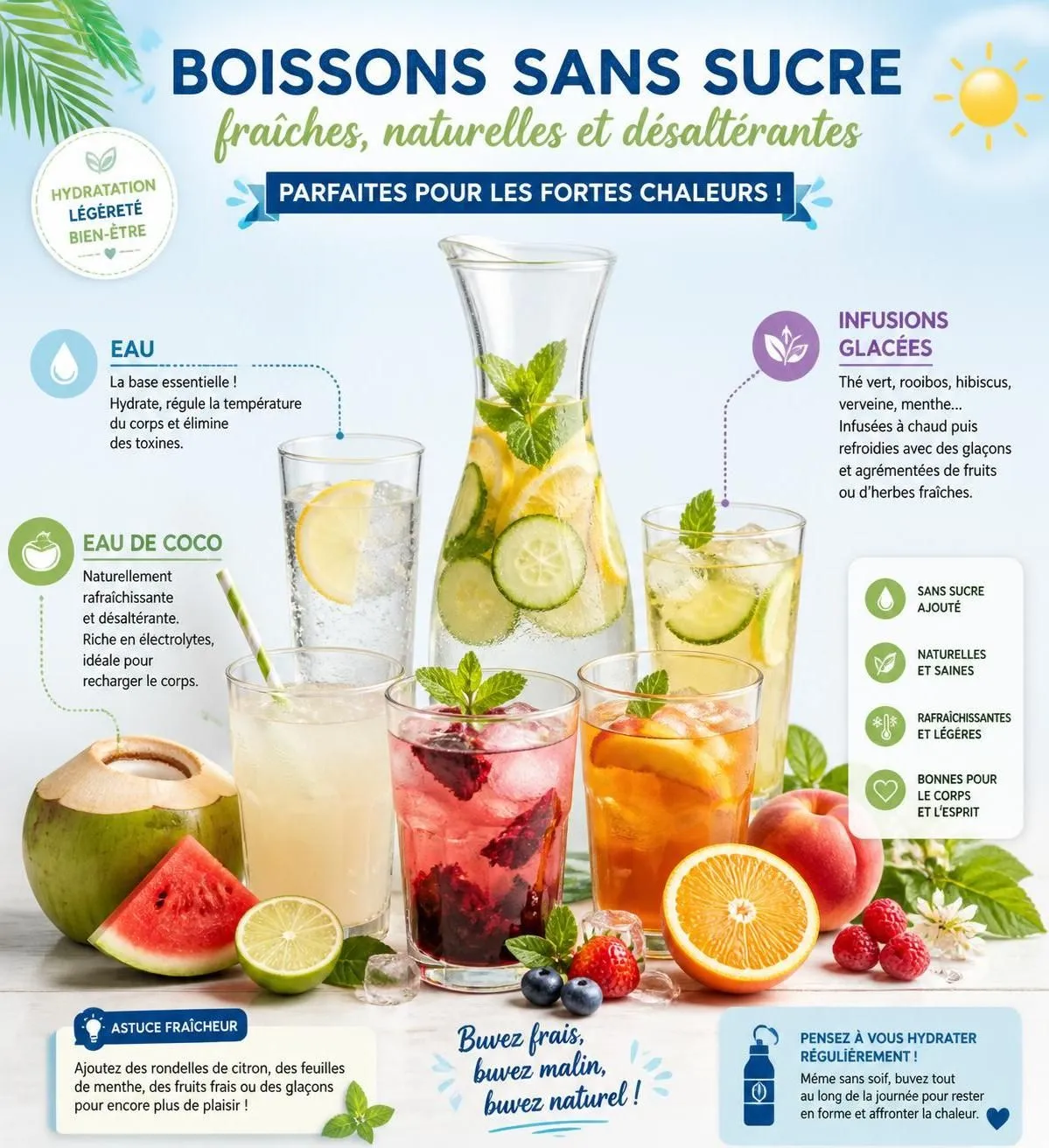 découvrez les meilleures boissons pour bien vous hydrater lors des fortes chaleurs, sans sucre ajouté, et profitez d'une fraîcheur naturelle et saine.