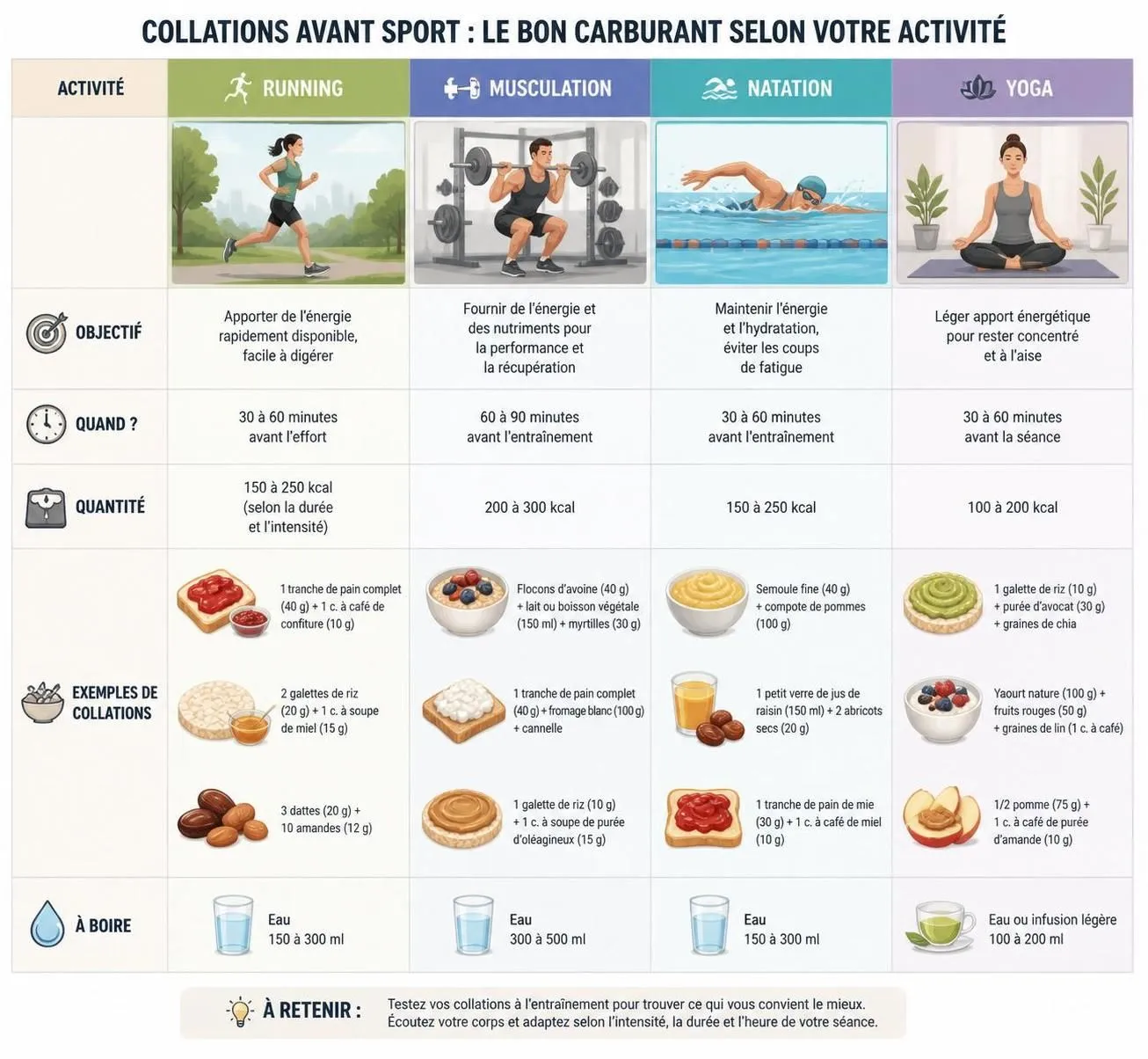 découvrez quelle collation choisir avant le sport en fonction de l'intensité de l'effort et du temps disponible pour optimiser vos performances et votre énergie.