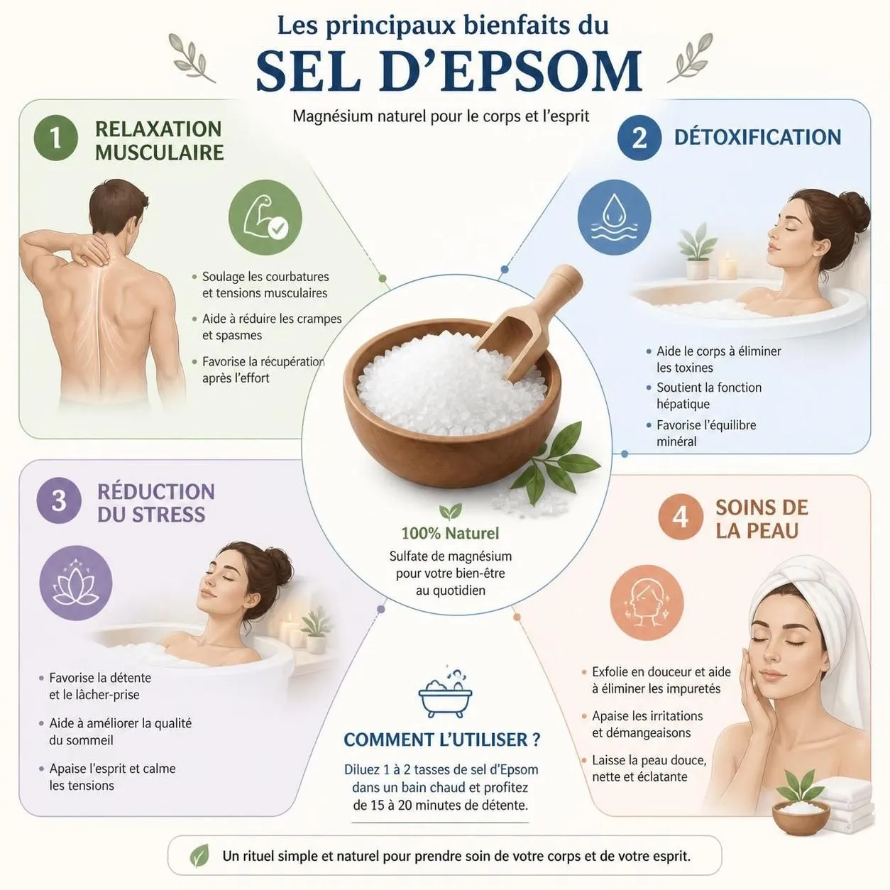 dĂ©couvrez les bienfaits du sel d'epsom, ses usages pour le bain de pieds et ce que la science rĂ©vĂšle rĂ©ellement sur ses effets pour votre bien-ĂȘtre.