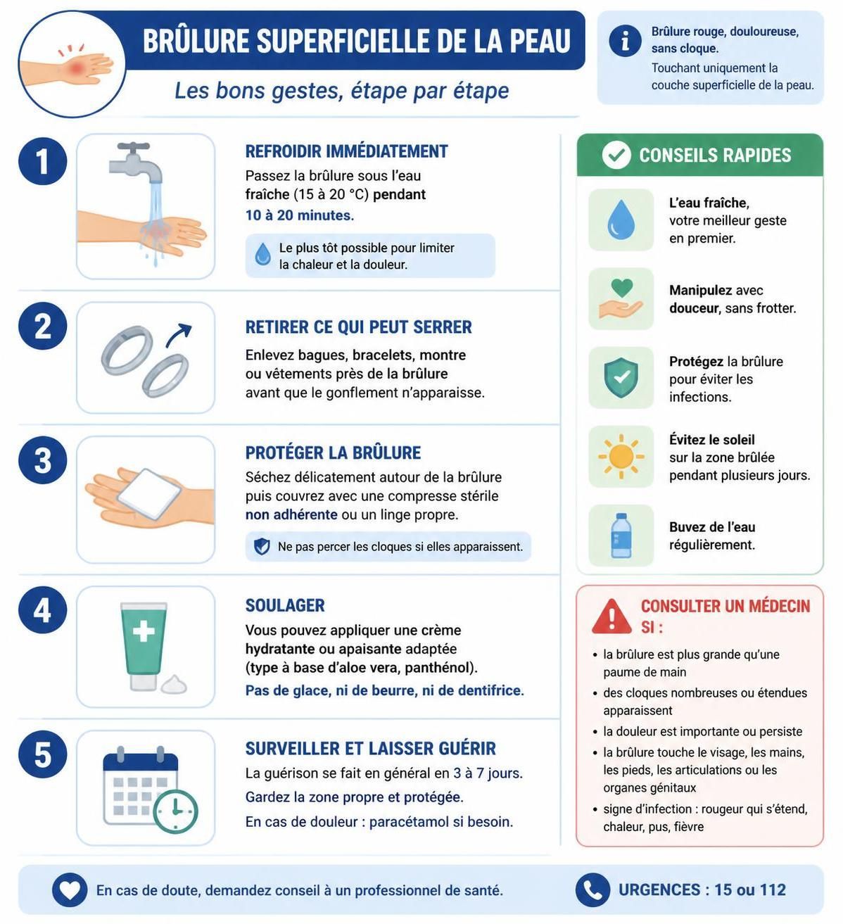 découvrez les gestes essentiels à adopter immédiatement en cas de brûlure superficielle et les erreurs à éviter pour une prise en charge efficace et sécurisée.