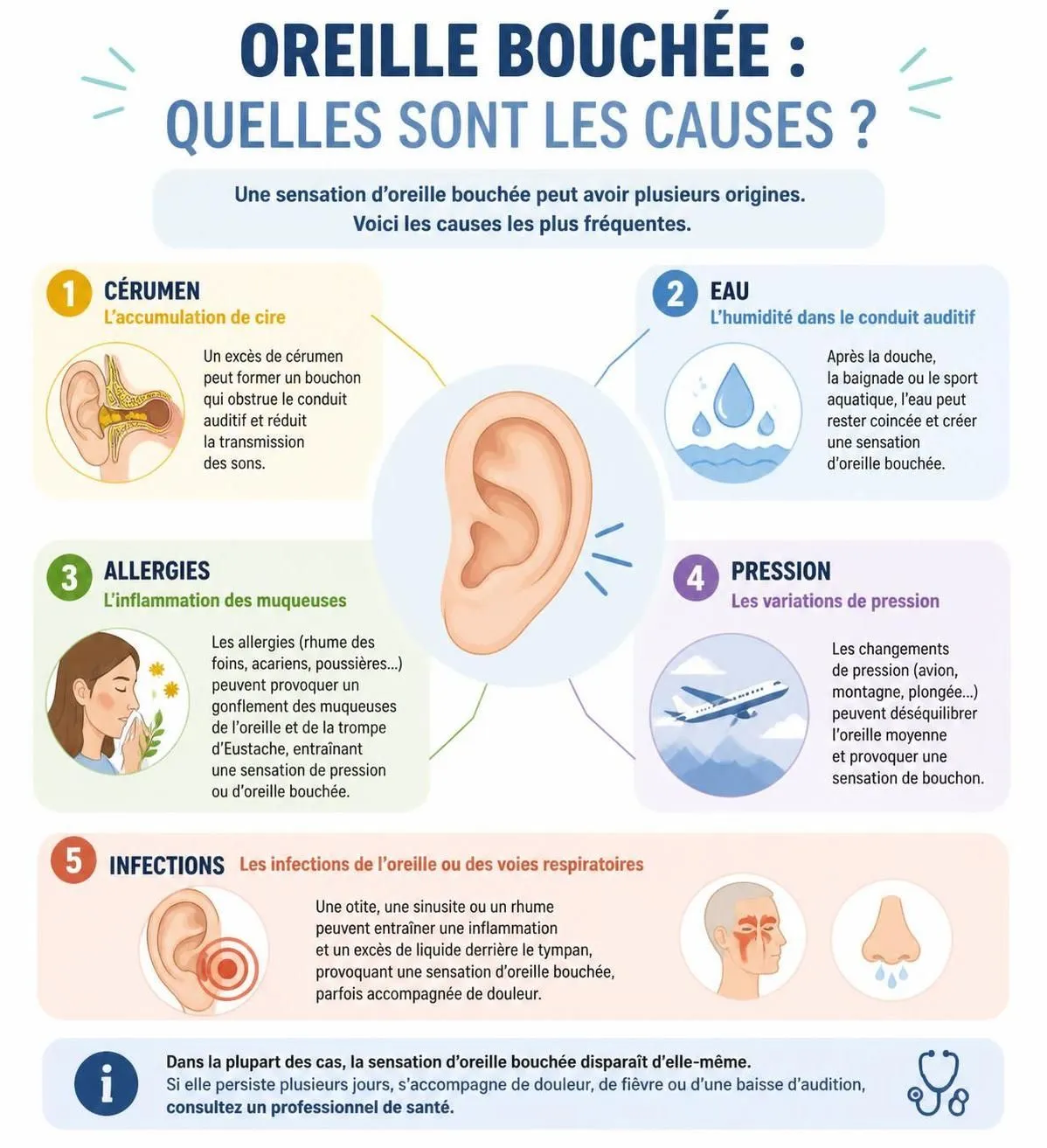 découvrez les causes courantes d'une oreille bouchée, des solutions maison efficaces pour soulager l'inconfort, et les signes indiquant qu'il est temps de consulter un médecin.
