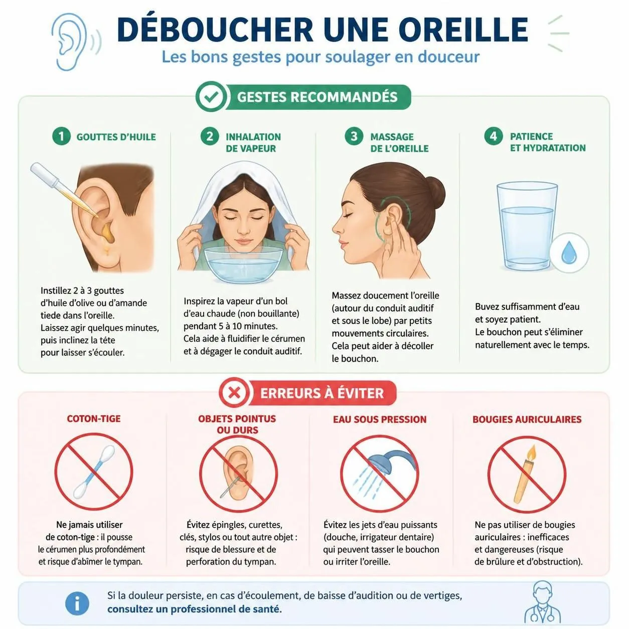 découvrez les causes courantes de l'oreille bouchée, des solutions maison efficaces pour soulager l'inconfort, et les signes qui nécessitent une consultation médicale rapide.